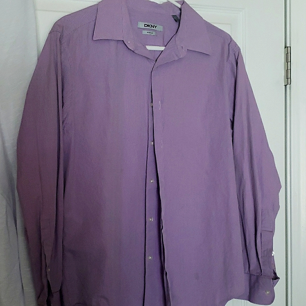 Long sleeve DKNY colored shirt. Color purple with plaid. Size mens L. Slim fit.